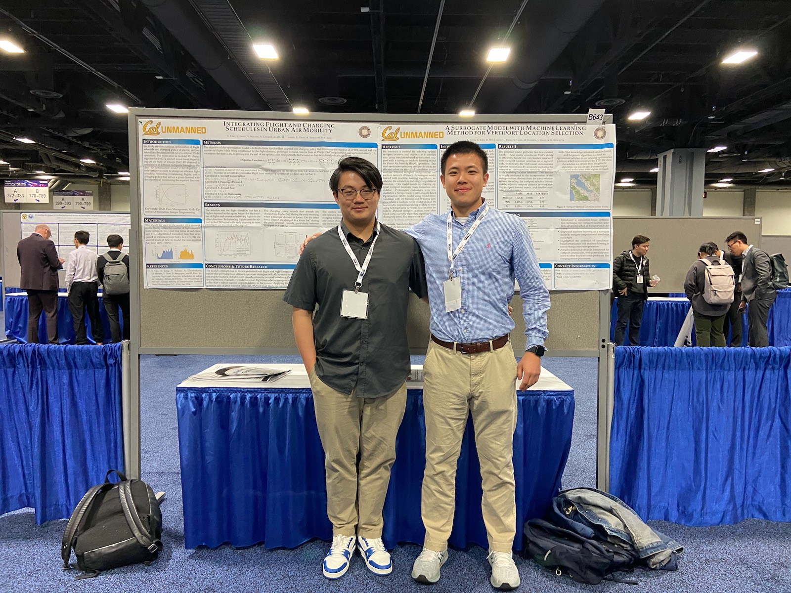 doctoral students Xuan Jiang and Albert Cao present their poster on Simulation-based Optimization for #Vertiport Location Selection at Transportation Research Board Annual Meeting