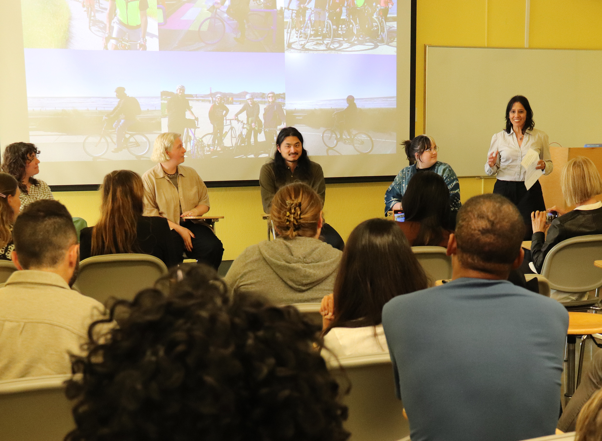 DCRP Professor Marta Gonzalez moderates a panel with Ash McEvoy, Mike Hua, Katie Kowalsky, and Hannah Greenberg at the Department of City and Regional Planning 2023 Master of City Planning Symposium. 