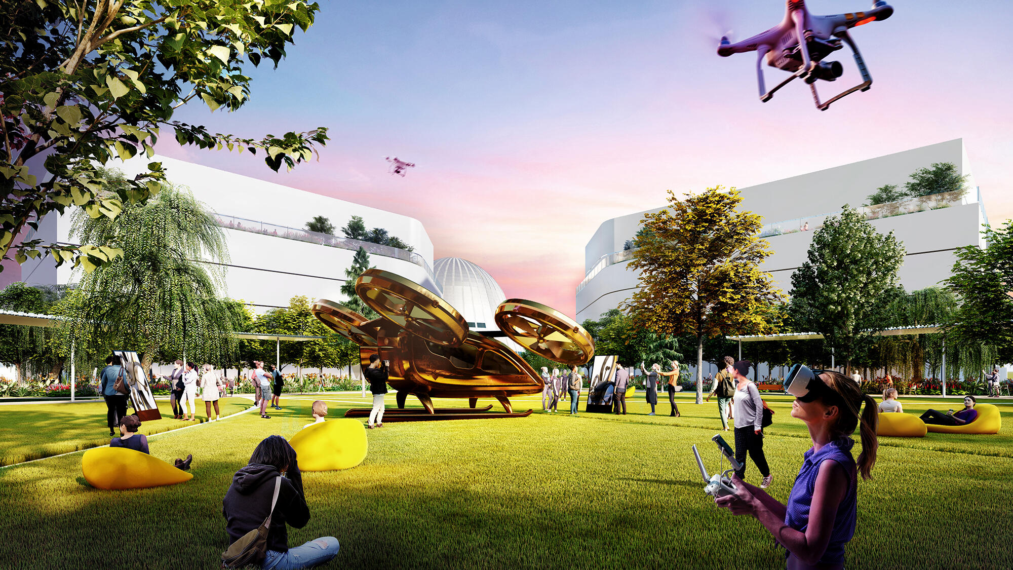 An artist's rendering of a grassy lawn at the planned Berkeley Space Center, an innovation hub where drone research would thrive. Field Operations and HOK