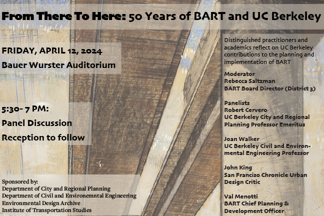  50 Years of BART and UC Berkeley poster, words on top of rail line
