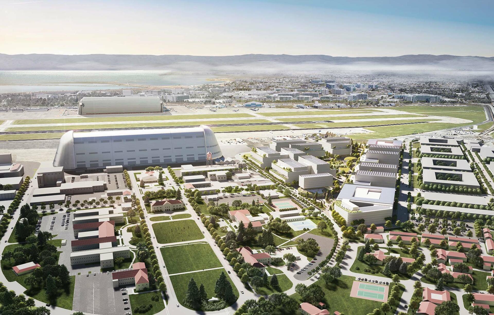 Artist's rendering of NASA's Ames Research Center and Moffett Field showing the future location of the Berkeley Space Center (gray buildings stretching from center to right). 