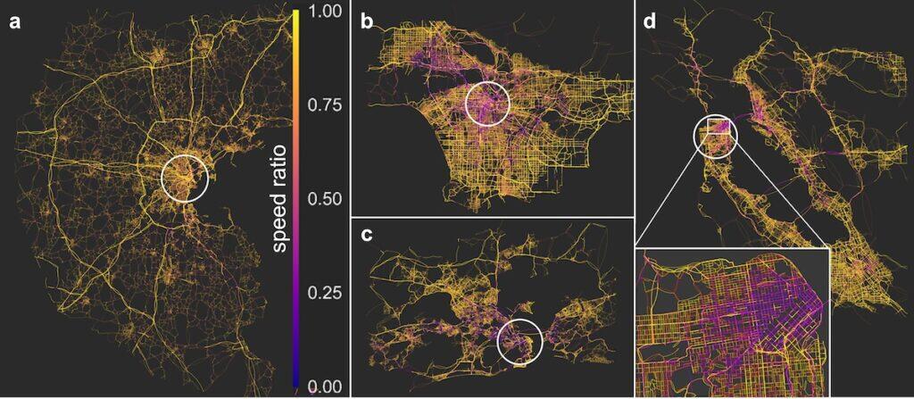 00) on a weekday in a) Boston, b) Los Angeles, c) Rio de Janeiro, and d) the San Francisco Bay Area. The speed ratios are obtained by dividing traffic speed by the speed limit.