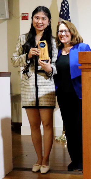Awardee Zhe Fu and managing director of the CITRIS Innovation Hub Jill Finlayson with Athena Award