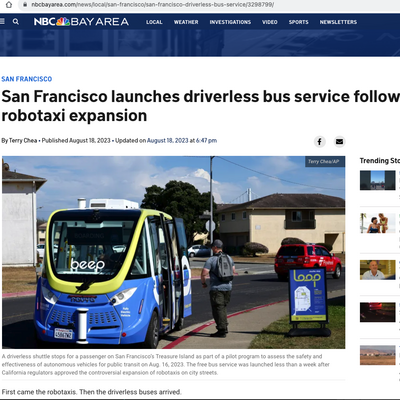 Picture of NBC Bay Area's news page with a photo of people getting on a robotic bus