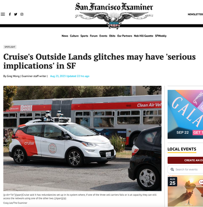 SF Examiner website with picture of a Cruise robotaxi