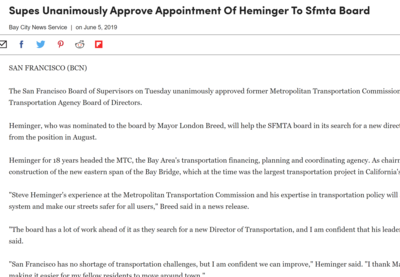 Supes unanimously approve approve appointment of Heminger to SFMTA board
